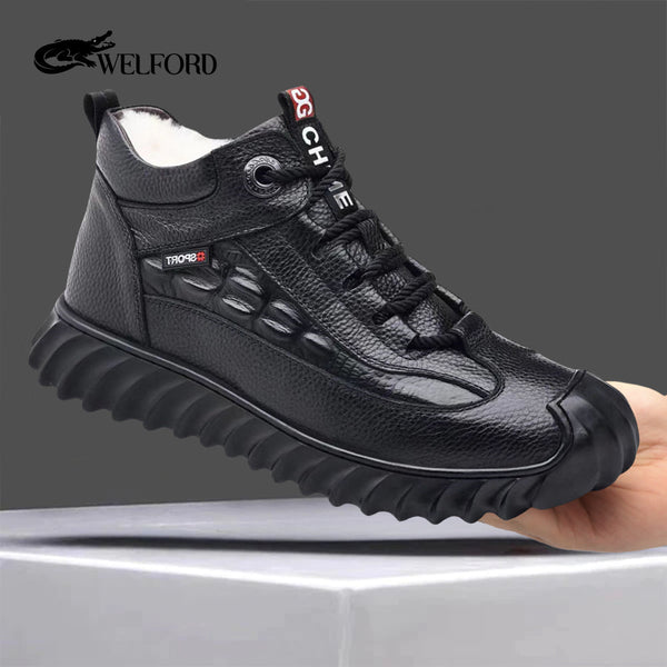 Crocodile pattern cowhide sheep wool warm men's shoes
